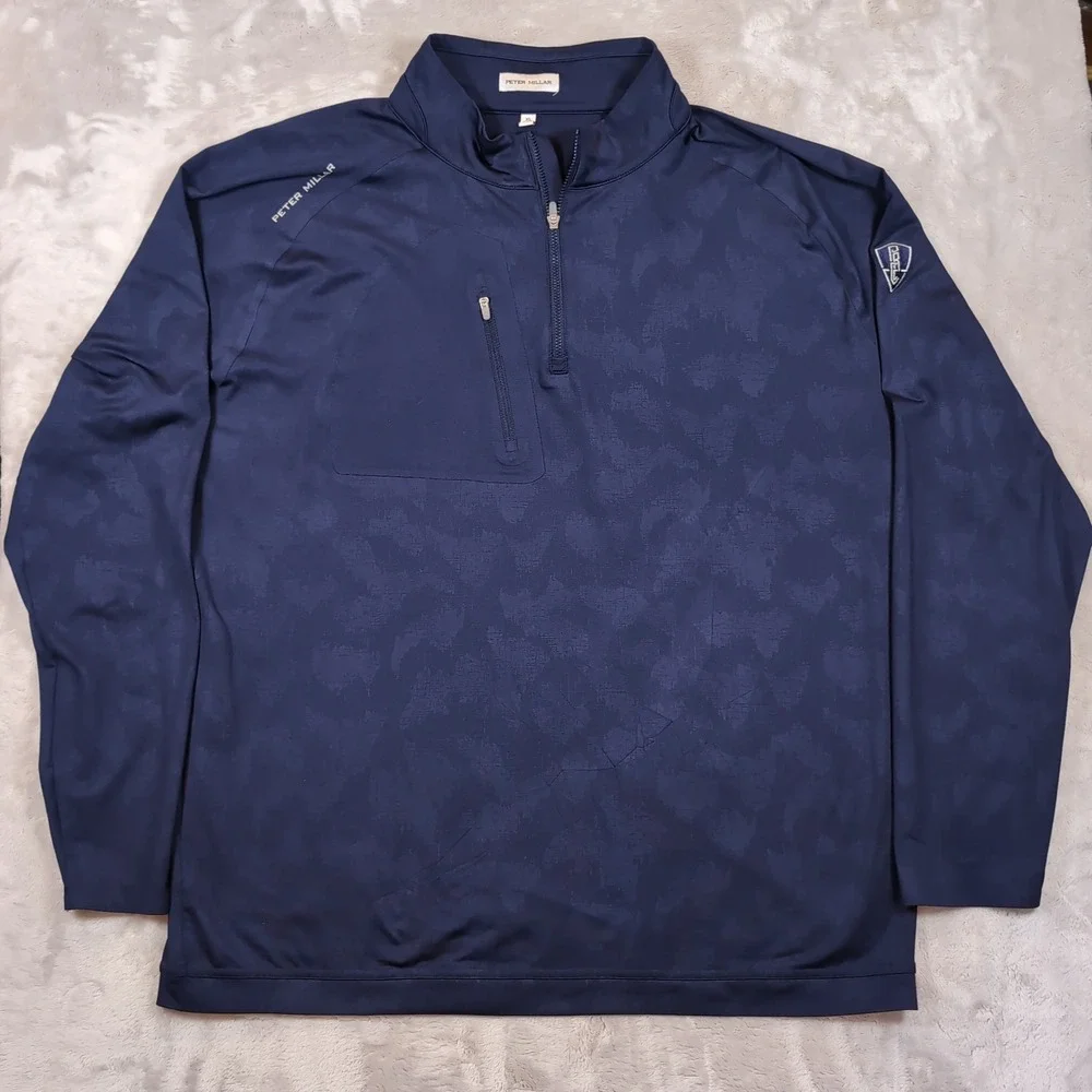 Peter Millar Verge Windowpane‎ 1/4-Zip Pullover Mens XL Navy Blue Golf Athletic